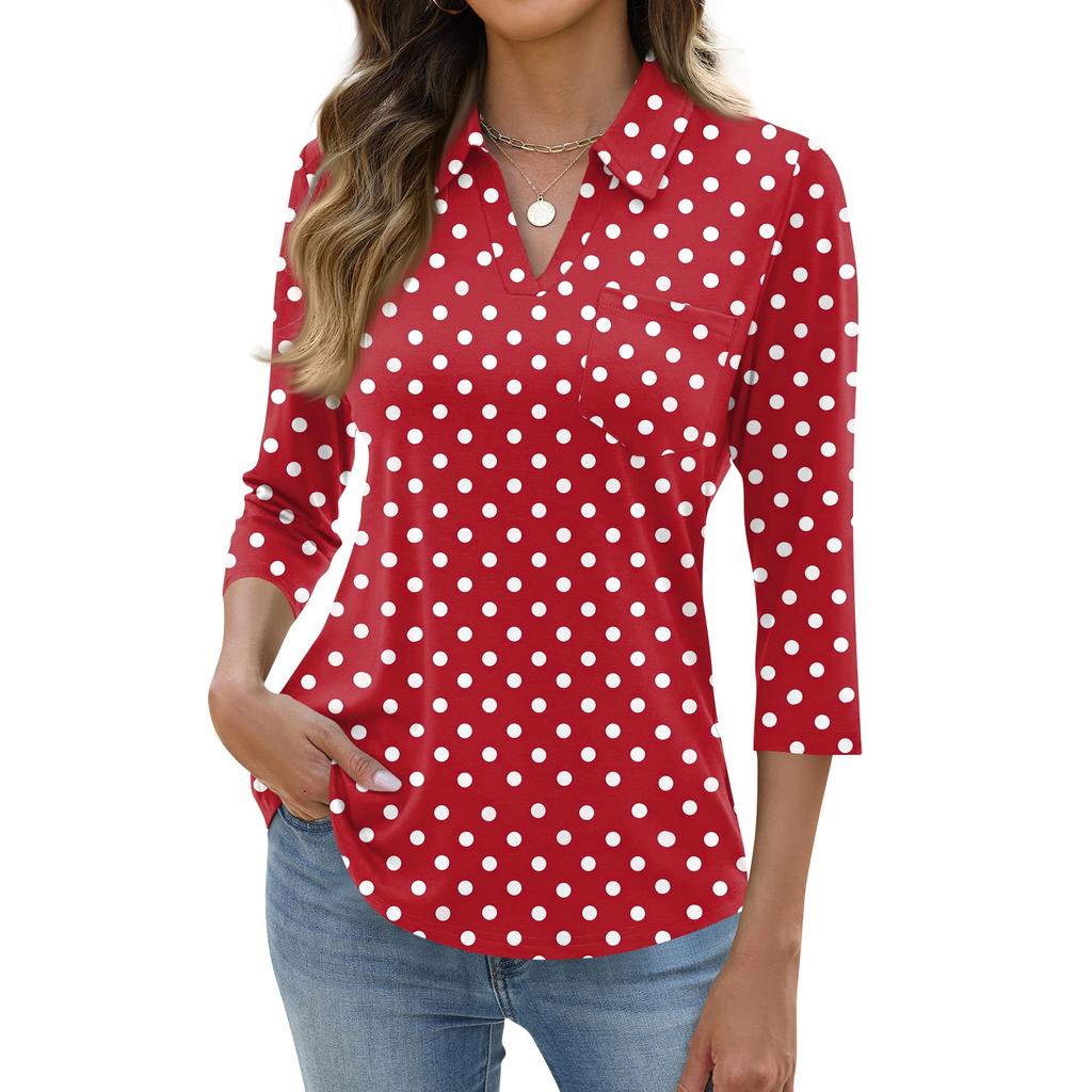 Women's Fashion Casual Lapel Short 3/4 Sleeve Print Shirt Women's Up Tops