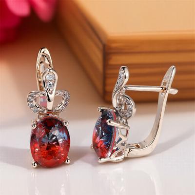 Oval Stone Rose Red Blue Crystal Zircon Hoop Earrings For Women Vintage Gold Color Ear Buckle Bridal Wedding Jewelry Party Gifts