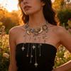 Exaggerated Multi Layer Tassel Necklace Rhinestone Pendant with Sun Moon Star Charm Boho Long Statement Jewelry for Women