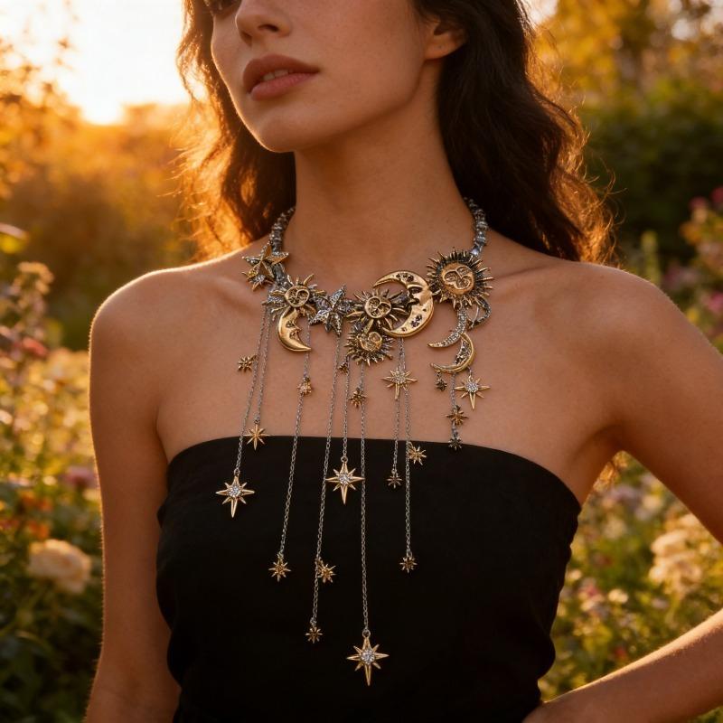 Exaggerated Multi Layer Tassel Necklace Rhinestone Pendant with Sun Moon Star Charm Boho Long Statement Jewelry for Women