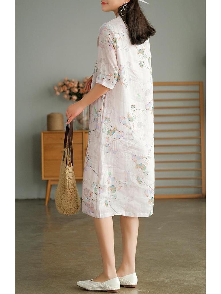 Vestido Cheongsam de Algodón Lino de Verano para Mujer - Talla Grande, Adelgazante, Largo Medio, a la Moda