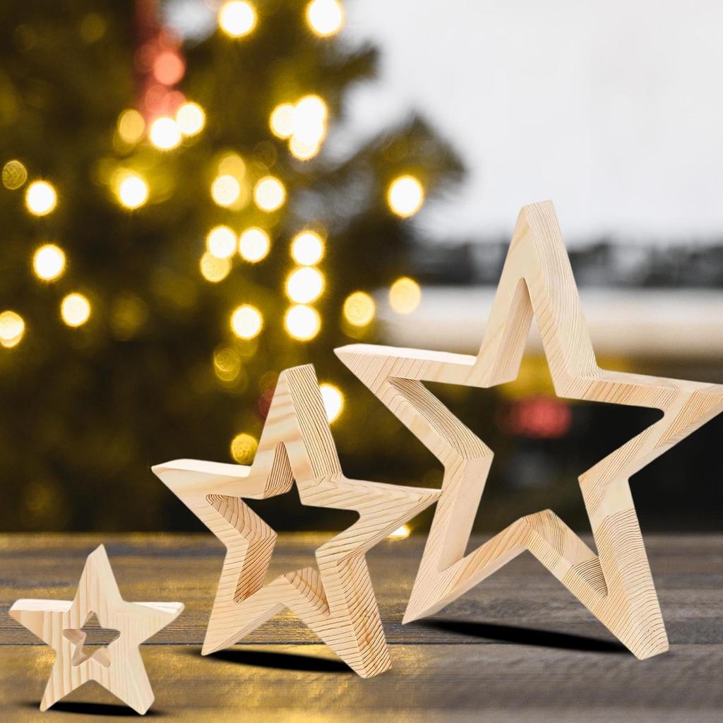3 Pieces Wooden Star Christmas Decor Handicrafts Wooden Star Decoration Wooden Star Tabletop Centerpiece Sign For Desk Table