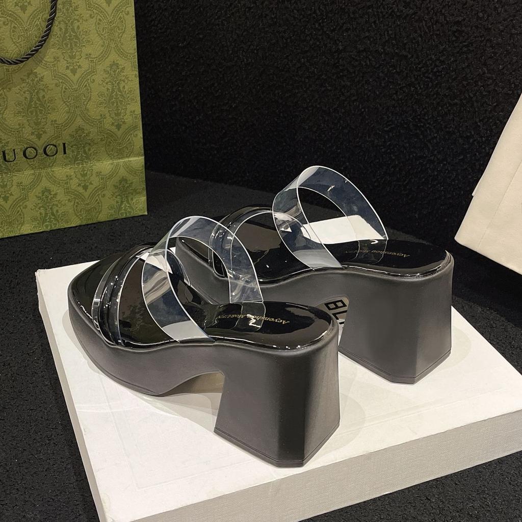 Open-toed thick-soled cool slippers for women's summer wear transparent muffin one-word drag 2025 new super medium-heeled thick-heeled sandals