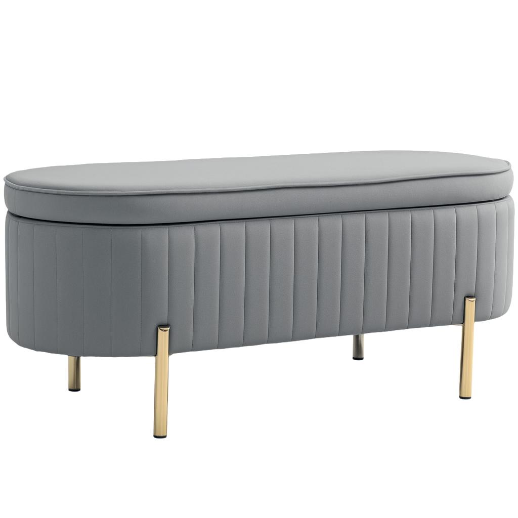 Bench with Flip-Top Lid and Storage Space, Fabric Cover, Wood, Metal, Grey+Gold-colored