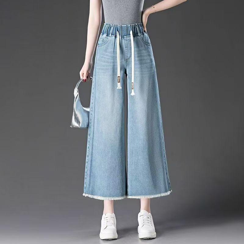 Damenjeans Damen Sommer Locker Gerade Bein Hose Elastisch Rohe Kanten Weitbeinige Hose