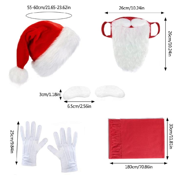 Adult Christmas Hat Cosplay Costume Accessories with Christmas Scarf Self Adhesive Eyebrows Santa Mask with Long Beards