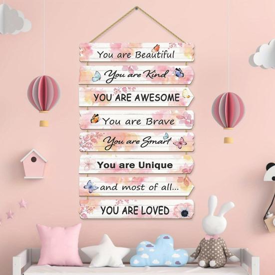 Inspirational Girl Room Decor Motivational Wall Art Plaque Positive Affirmations Hanging Wooden Sign for Girls Kids Room Nursery Toddlers Playroom