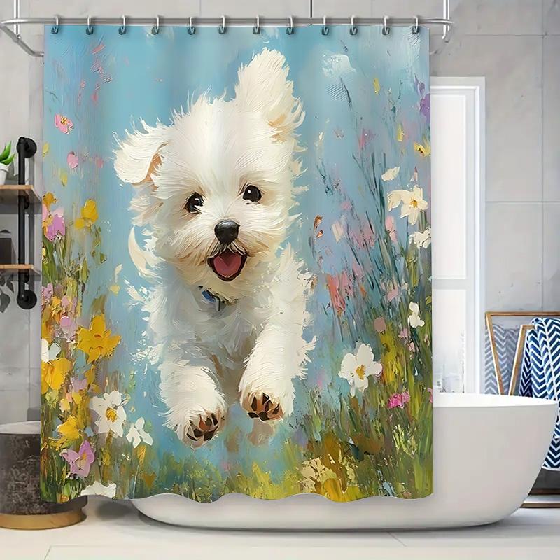 

Joyful Maltese Puppy Shower Curtain For Your Home Decoration - Cute White Dog Print With Floral Background Waterproof Durable W60H190(CM)-1 Pcs