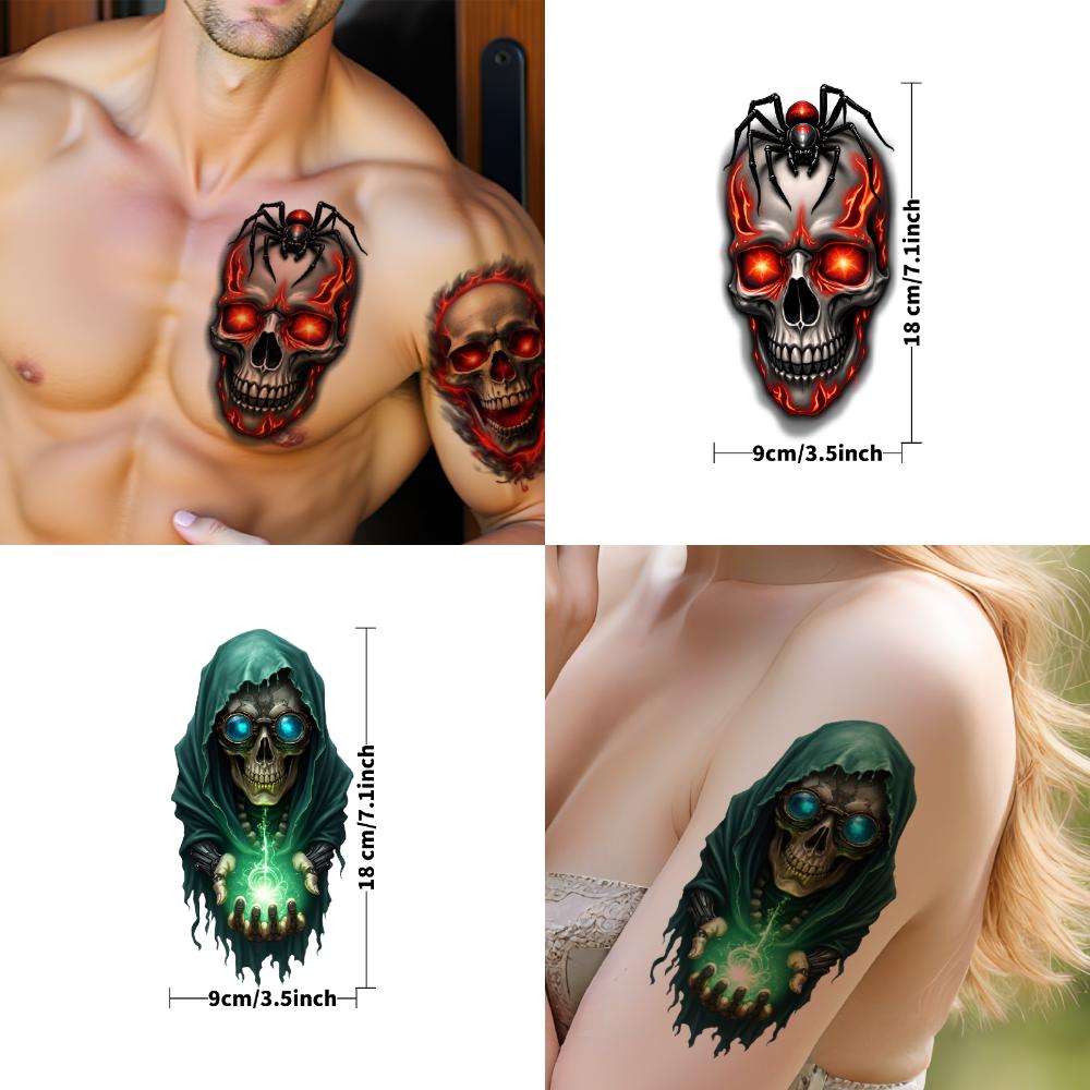 3 sztuki Tymczasowe Tatuaże Wodoodporne Długotrwałe Naklejki na Ciało Pająk Czaszka Czaszka z Kapturem i Mieczem Kruk na Czaszce Dla Dorosłych