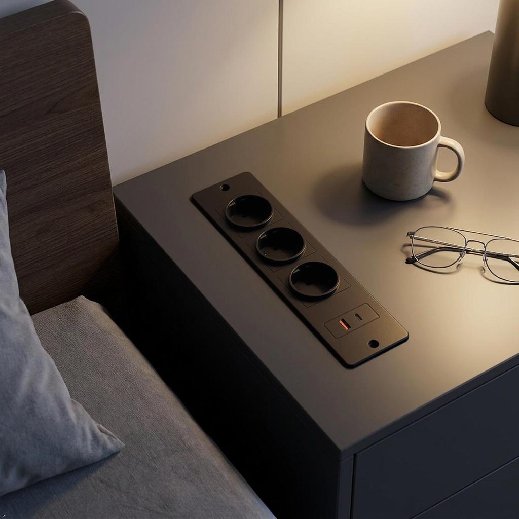 Recessed Power Strip 3 AC Outlets Fast‑Charge USB‑A USB‑C Built‑in Socket Desktop Power Hub for Desk Cabinet Conference Table