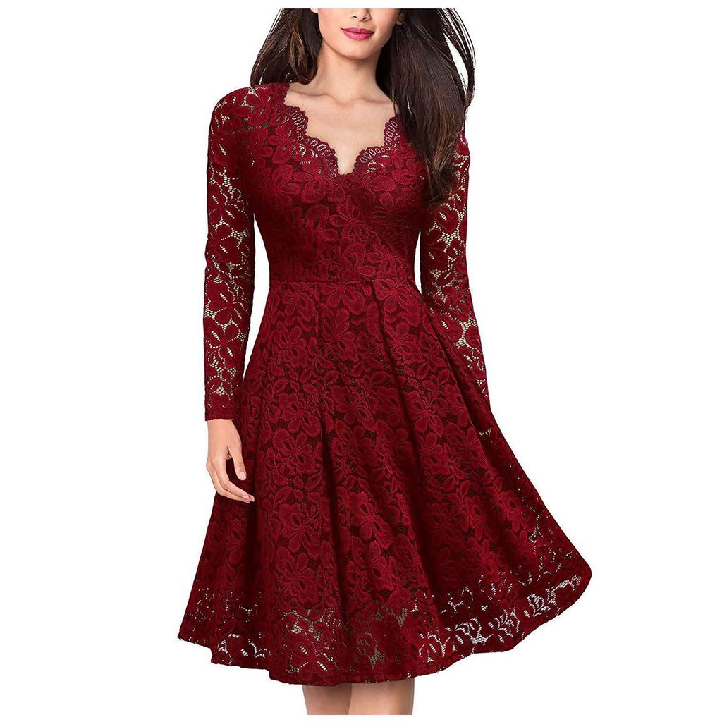 Women's Fashion Solid Color V-Neck Long Sleeve Slim Lace Knee Length Dress