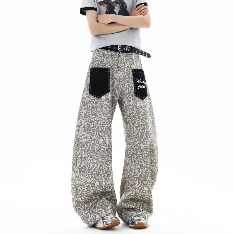 American Retro Old Washed Leopard Print Splicing Jeans Lazy and Loose Floor Pants Men's and Women's Patch Pockets Trendy