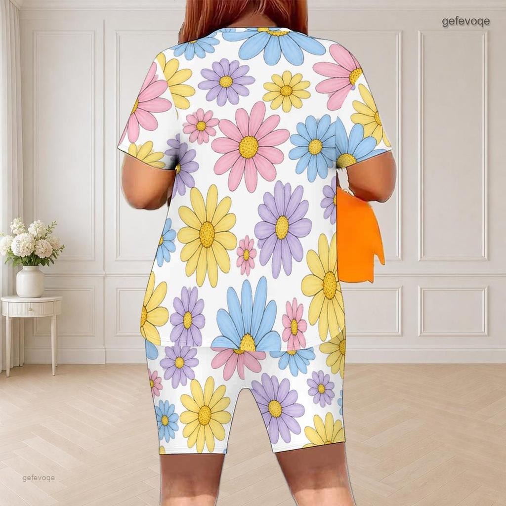 Women Plus Size Rose Floral Printed Round Neck Short Sleeve Top And Fitted Shorts Two Piece Set