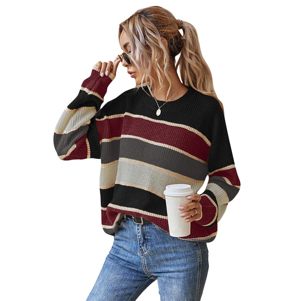 Women's Fashion Round Neck Sweater Lazy Loose Classic Striped Long Sleeves