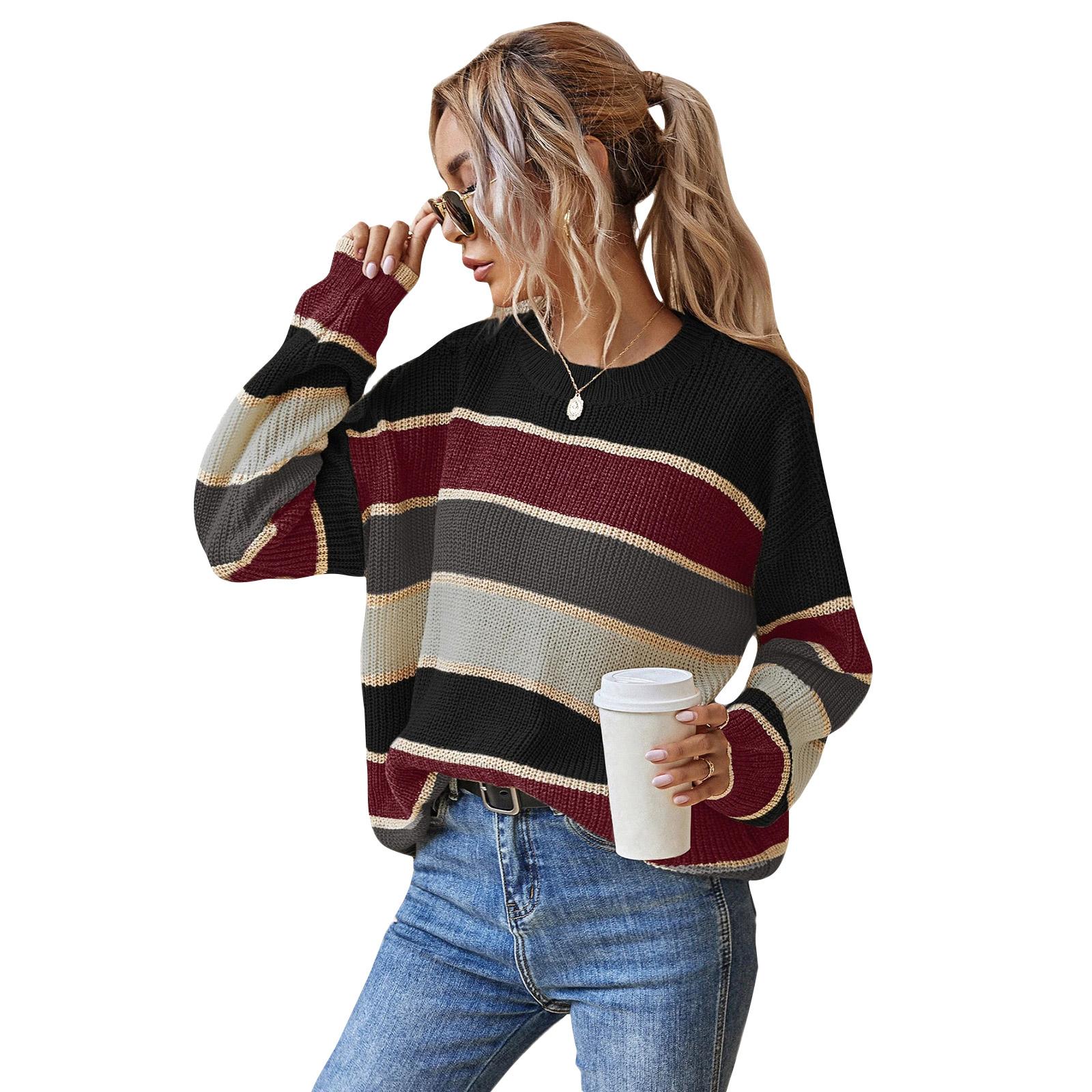 

Женский модный свитер с круглым вырезом, ленивый свободный классический полосатый с длинными рукавами M чёрный