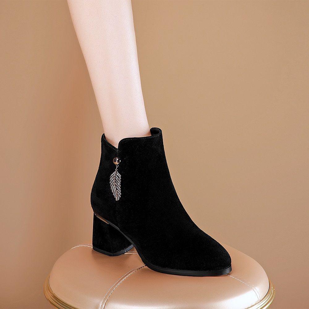 2025 Women's Suede Ankle Boots: Spring & Autumn Mid-Chunky Heel, Slimming Round Toe Design