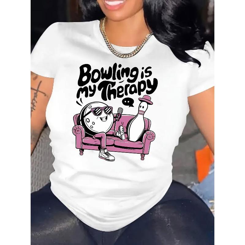 

Women S Casual Sports T-Shirt with a Round Neck, Short Sleeves, Featuring a Bowling-Themed Letter Print, Perfect for a Comfortable Summer Holiday Top S белый