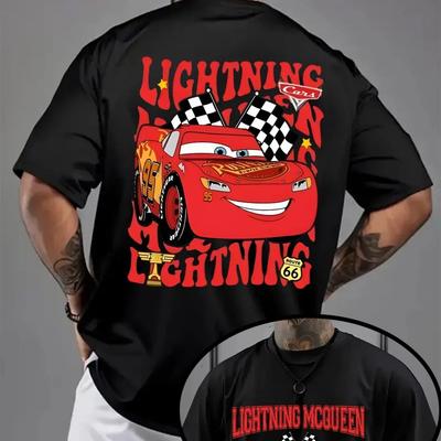 Lassic Red and White Checkered Mcqueen Series Men'S  Women's Round Neck T-Shirt, LIGHTNING Checkered Letter Front and Back Print Tops