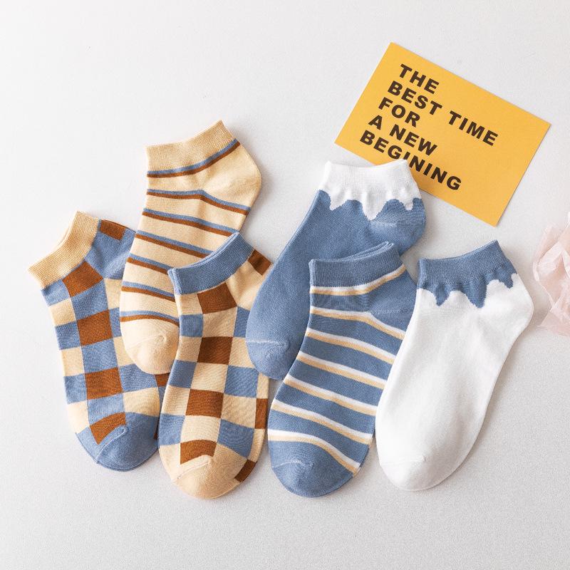 Trendy Coffee Blue Plaid Cotton Mid-Calf Socks, Versatile for Spring/Summer, Korean College Style, Breathable & Sweat-Wicking for Women.