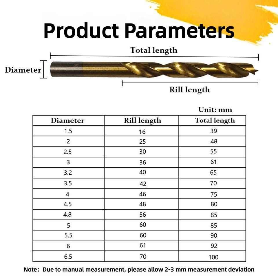 13Pcs High Speed Steel Twist Drill Bit Set 1.5 - 6.5mm Titanium Coated HSS Drill Bits
