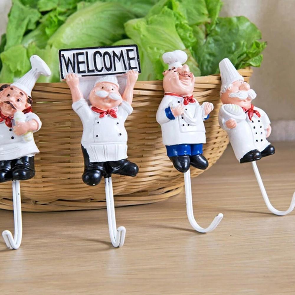 French Chef Wall Hooks Cartoon Chef Wall Mount Resin Stainless Steel Hanger Hook Kitchen Bathroom Home Decoration