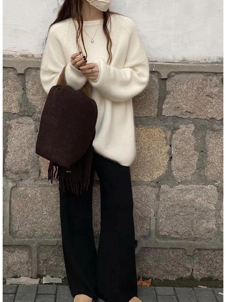 Women's Australian Wool Wide-Leg Trousers - Thick, Floor-Length, Cashmere Knit for Autumn/Winter