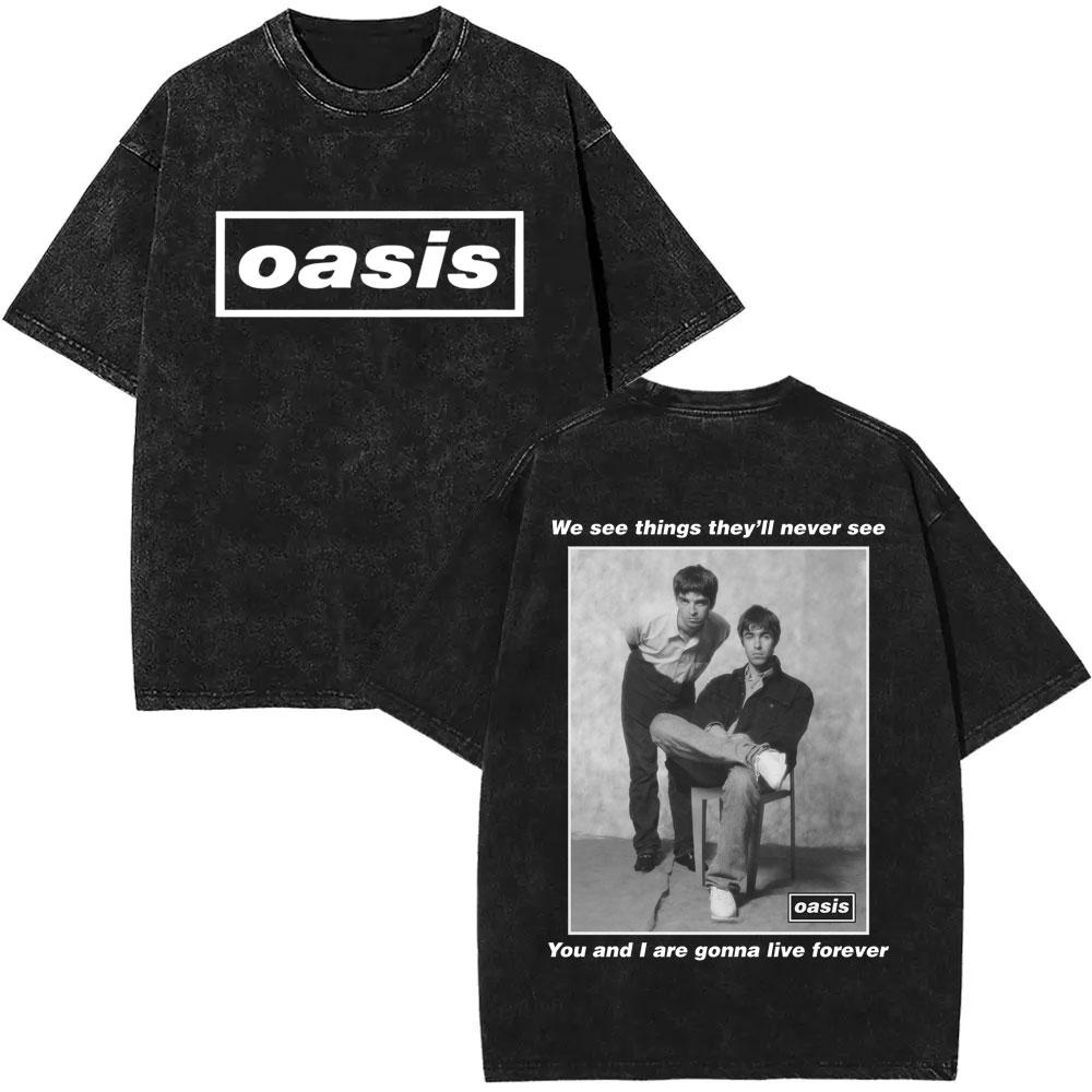 Washed Vintage Rock Band O-Oasis Live 25 World Tour Logo Print T-shirt Men Women Fashion Gothic Oversized Short Sleeve T Shirts