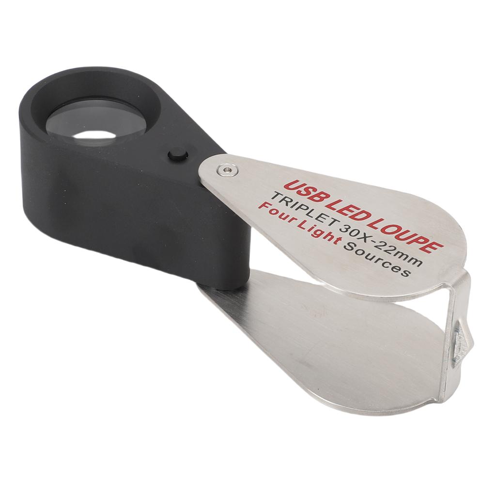 Rechargeable Jewelers Loupe Silver Color 30X Magnification 4 Light Source Mode 13 LED Lamps K9