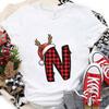 Christmas Alphabet AZ Letter Print Womens Tshirt Santa Graphic Casual Holiday Fashion Top Xmas Party Tees shirt for Women