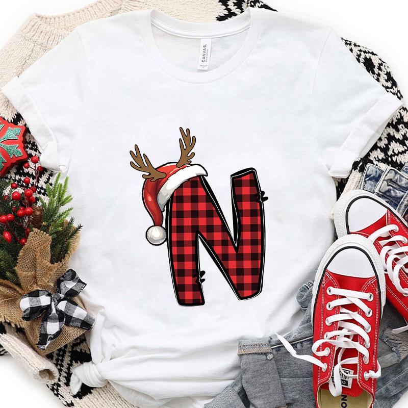 Christmas Alphabet AZ Letter Print Womens Tshirt Santa Graphic Casual Holiday Fashion Top Xmas Party Tees shirt for Women