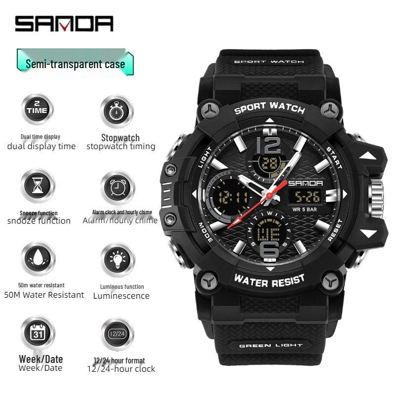 Sanda Electronic Watch: Student/Party Casual Sports, 50M Waterproof, Dual Time, Snooze Feature.