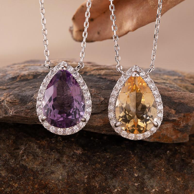 Simple Large Natural Color Treasure Amethyst Citrine Necklace Women'S S925 Sterling Silver Light Luxury High Sense