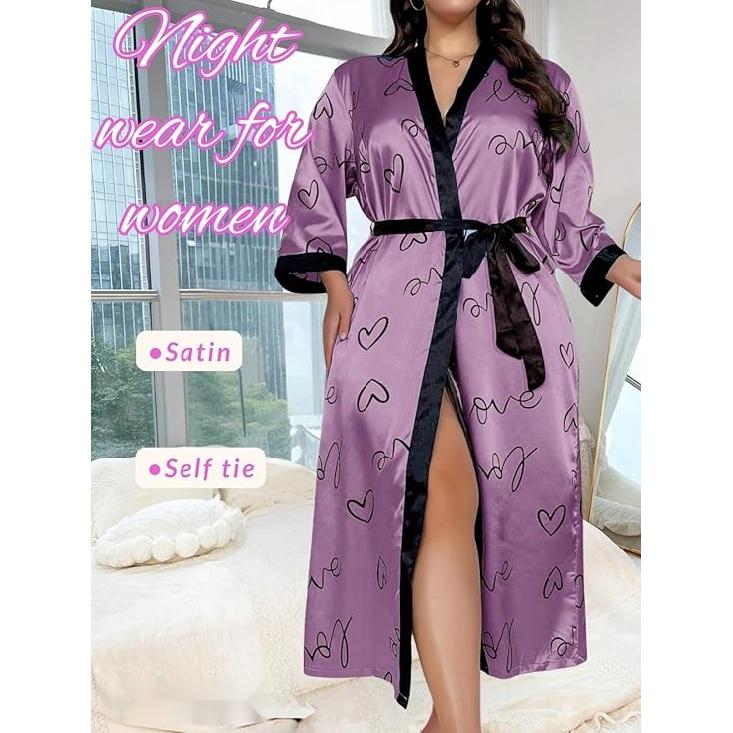 Women's Plus Size Valentines Robe, Sexy Satin Robe Long Sleepwear