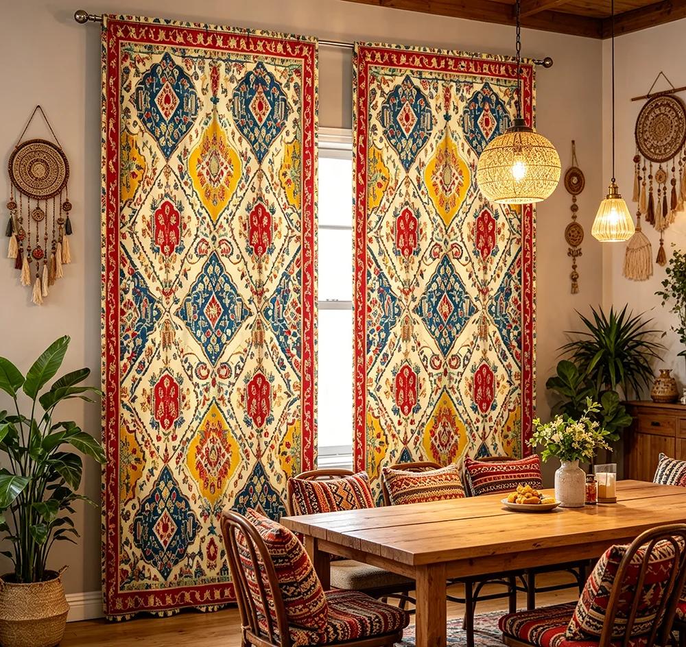 2PCS Digital Printed Curtains, Persian Ethnic Geometric Exotic Tribal, Modern Home Decor Style for Living Room Bedroom Decor