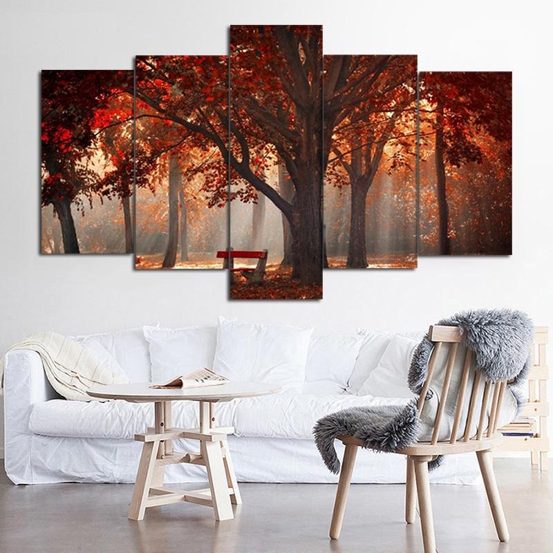 SELFLESSLY 5 Panels/Set Red Tree Autumn Landscape Pictures Canvas Painting Wall Art For Living Room Posters Scenery Home Decor
