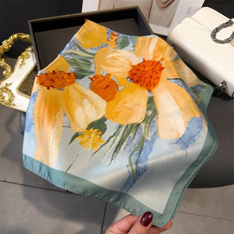 Luxury Designer Yellow Floral Print Scarf Women Silk Scarves Bandana Hijab Neckerchief Shawl Kerchief Hair Band Foulard Lady