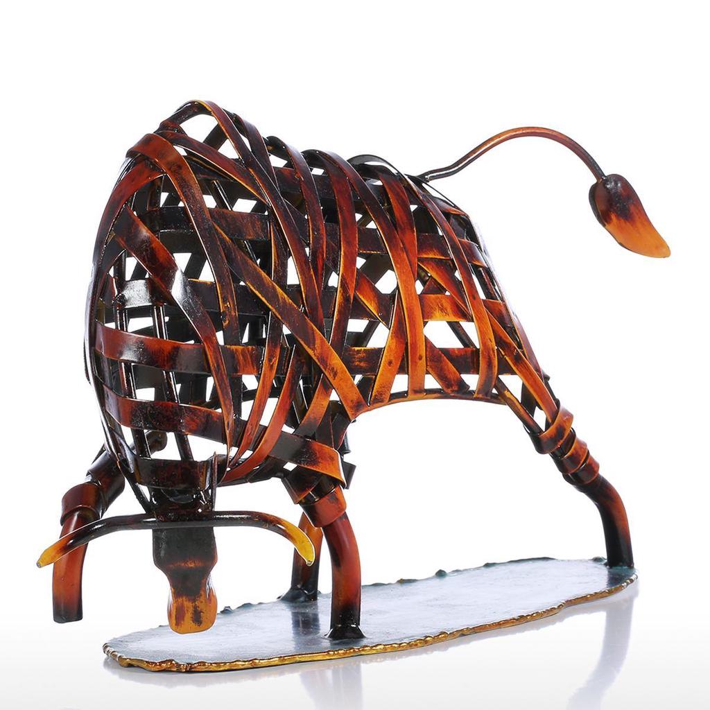 Tooarts Metal Weaving Cattle Red Iron Sculpture Abstract Figurine Modern Art Home Decor Animal Craft Gift