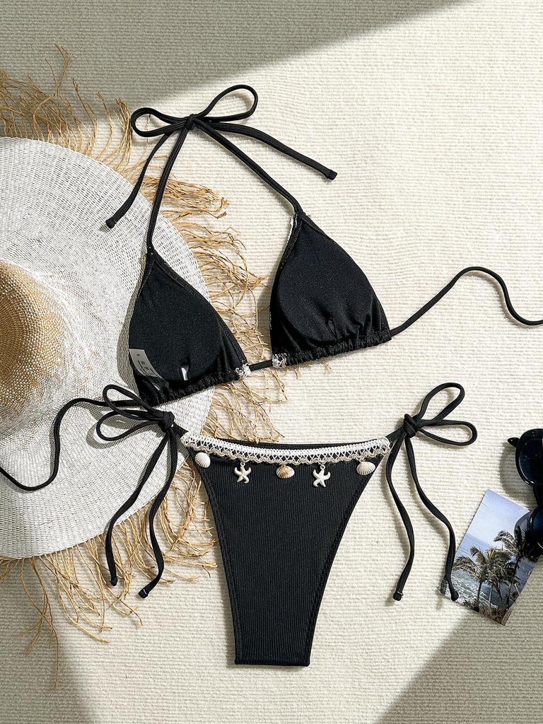 Women's Swimsuit Solid Halter Side Tie Bikini Suit Beachwear Bathing Suits with Shell