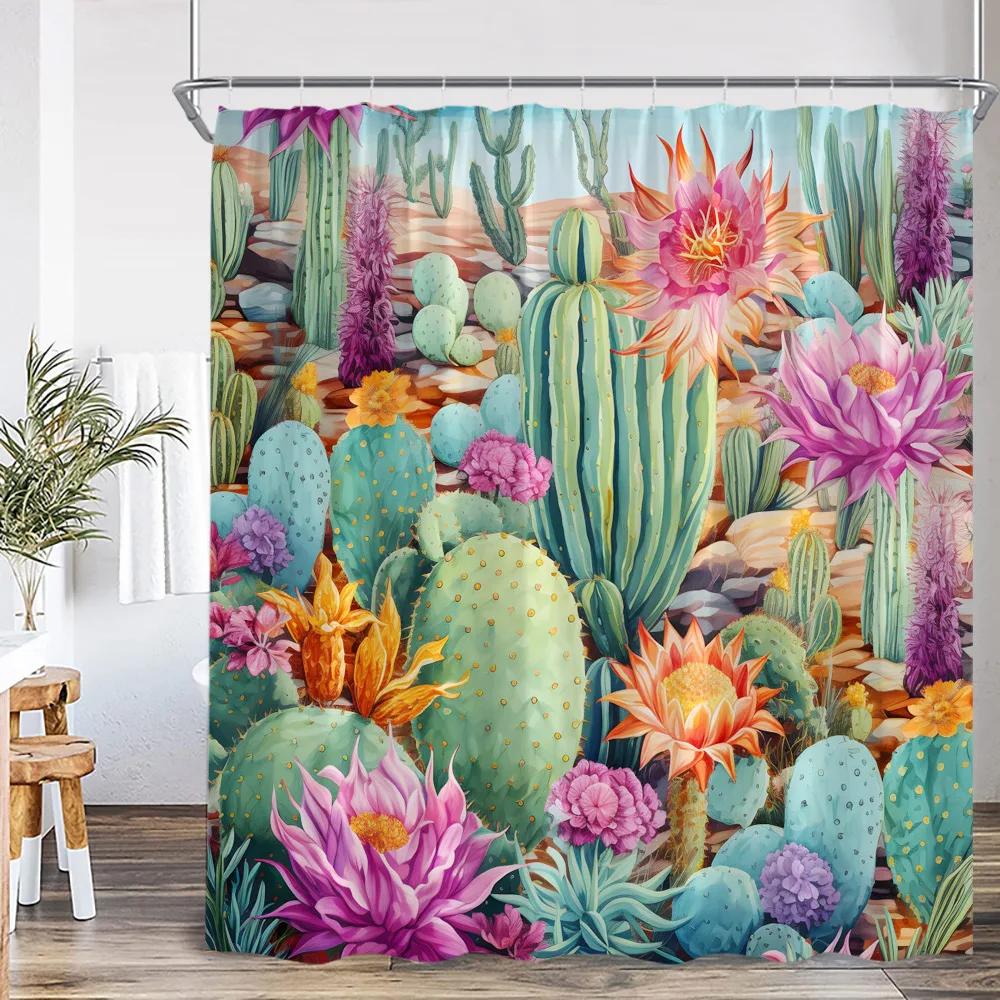 Cactus Cartoon Shower Curtain Desert Green Plant Watercolor Boho Vintage Bathtub Curtain with Hook Home Decorations for Bathro
