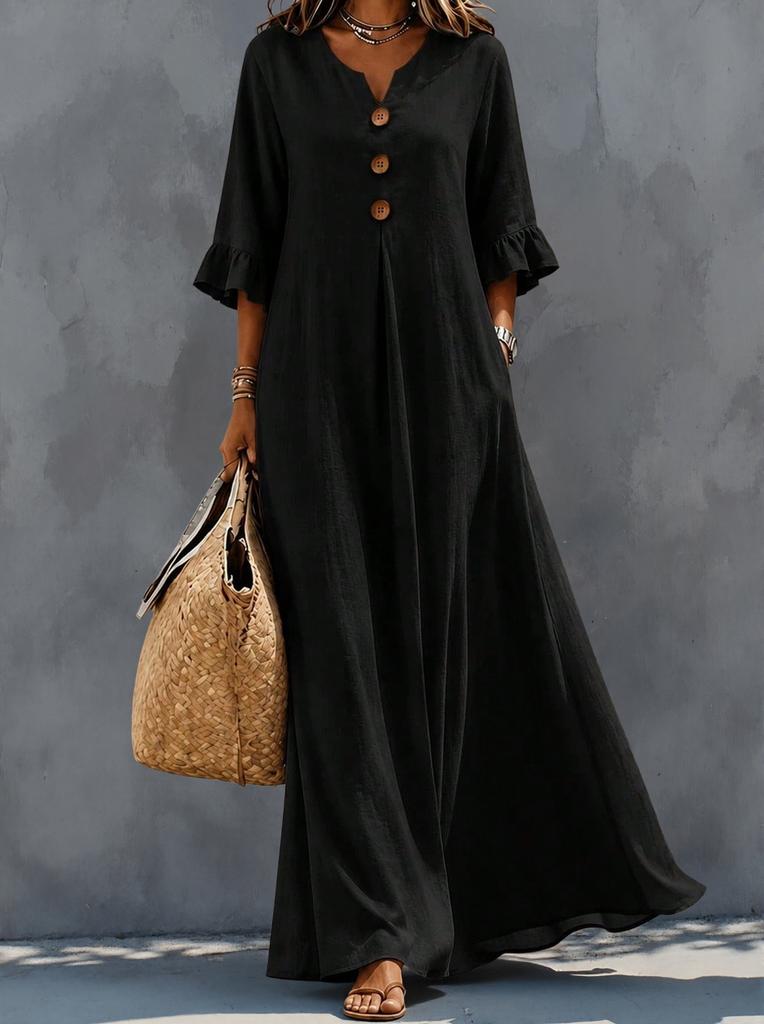 Women's autumn new solid color V-neck dress, fashionable temperament loose pendulum dress