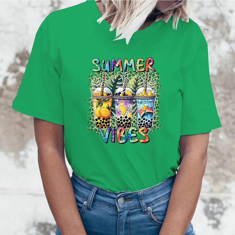 Funny Summer Vibes Letter Print T-Shirt Womans Casual Tops Summer Cool T Shirt Plus Size Tops Tees