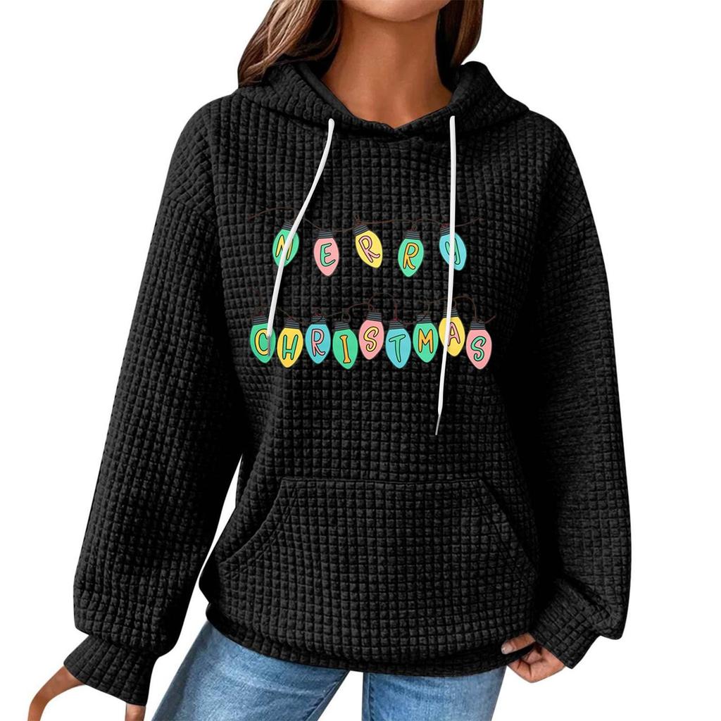 Women's Fashion Loose Hooded Pullover Long Sleeve Plaid Sweatshirt With Drawstring, Drop Shoulder, Pocket, Christmas Print Top