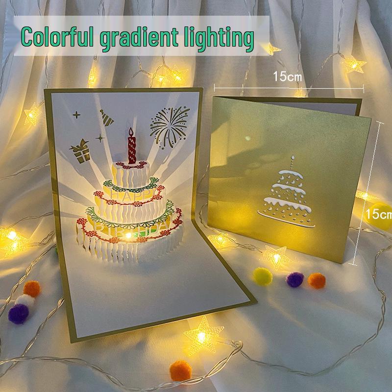 Carte pop-up Gâteau d'anniversaire musical 3D avec lumières colorées et enregistrement