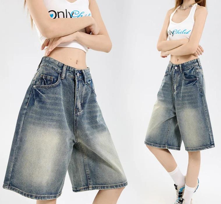 Korean Street Casual Y2K Loose Wide-leg Denim Shorts Five-point Baggy Jeans Women's All-match Straight Summer Hot Shorts
