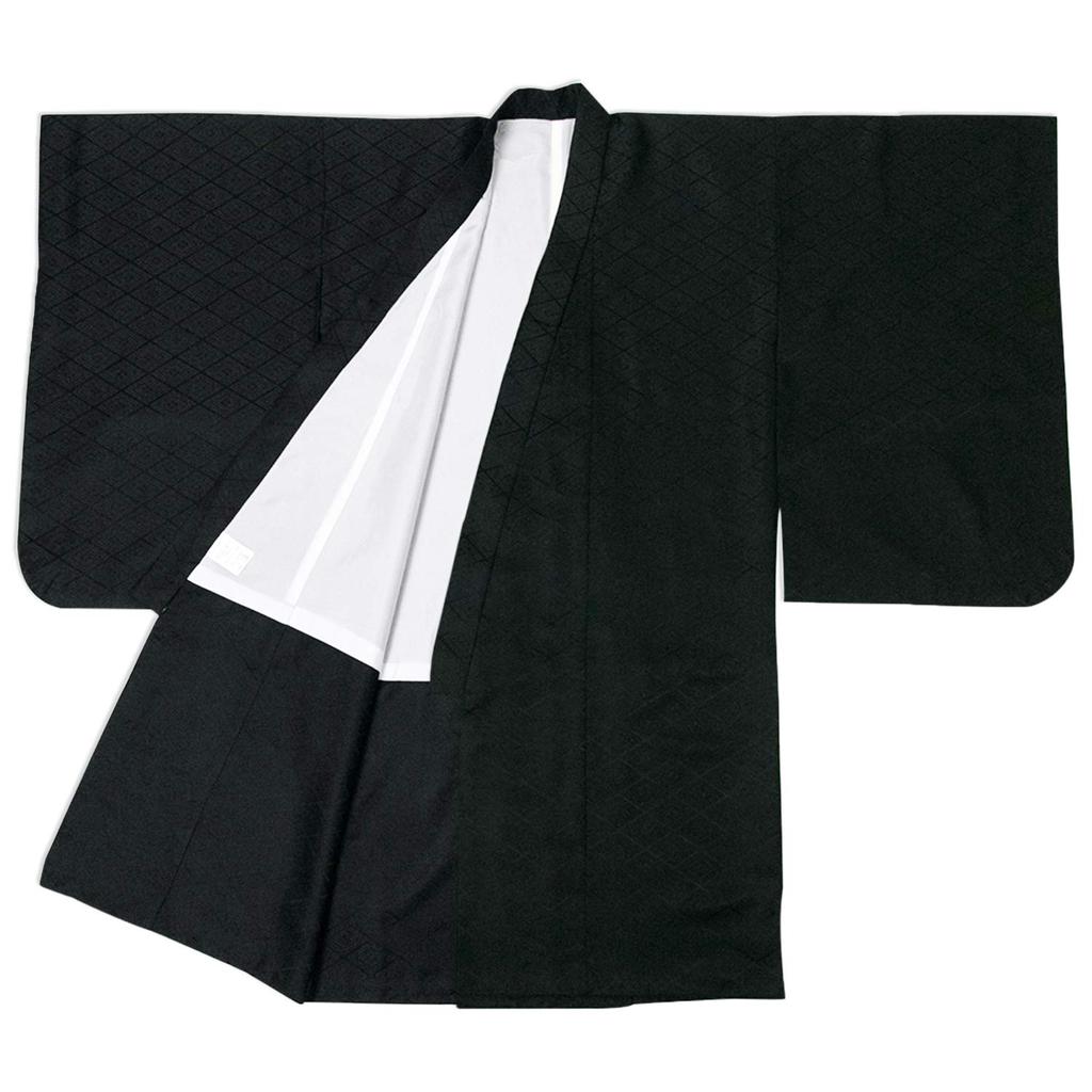 Kimono Set with Black Pattern and Montsuki Design Haori Folding Pocket Geta Two Waist and Tabi for Boys [KYOETSU] 12-Piece (Haori, Kimono, Nagajuban,
