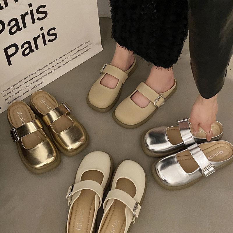French retro bag head silver half slippers women's 2025 new soft bottom flat bottom one pedal slippers women's summer wear