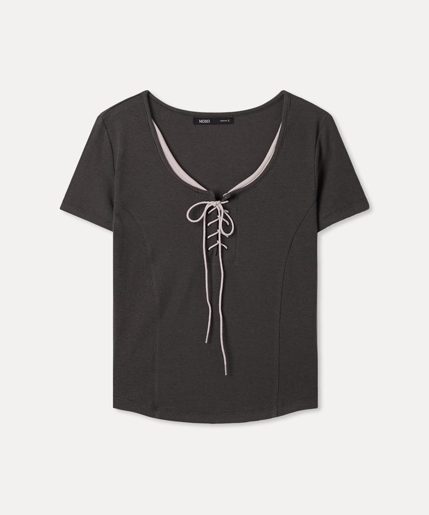 MIXXO Lace-Up Cutout Short Sleeve T-Shirt Re Lwg33Ss_Miwhwg51Qs