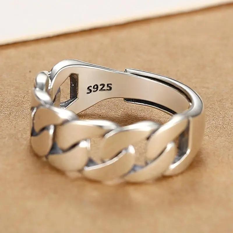 Sam Panda 925 Silver Rings For Women Men Fine Jewelry Finger Adjustable Open Vintage Chain Ring For Party Birthday Gift