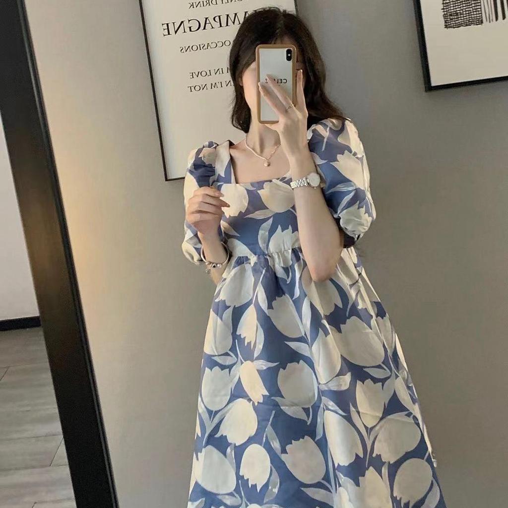 Women's 2023 Mid-Length French Fashion Puff Sleeve Print Dress