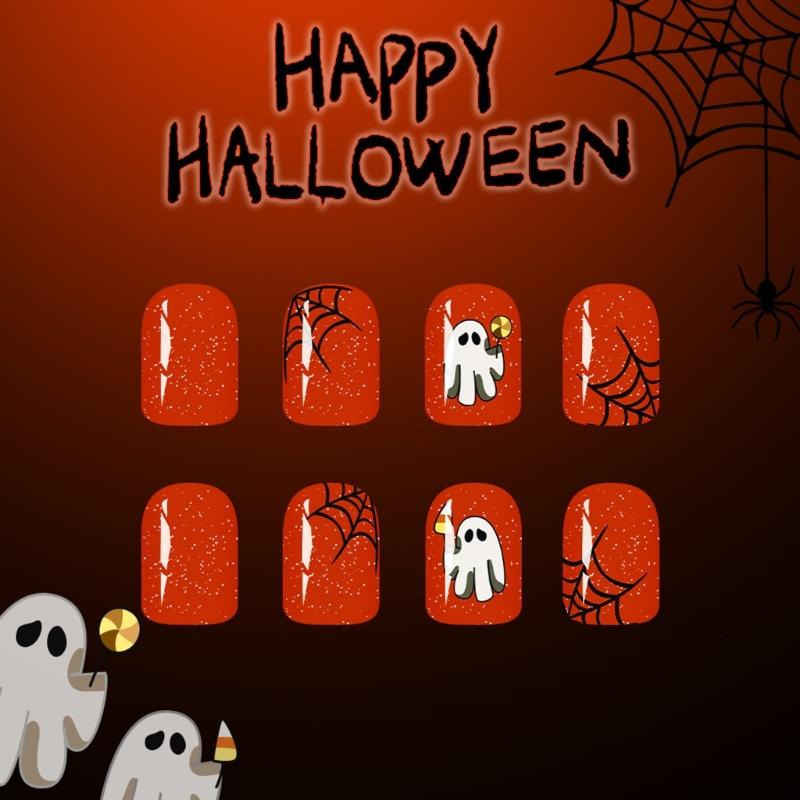 24PCS Reusable Press On Nail Halloween Theme Featuring Spooky Cobweb Skull Patterns And Comfortable ABS